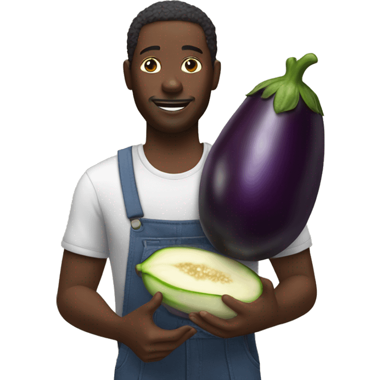 A black man holding an eggplant emoji