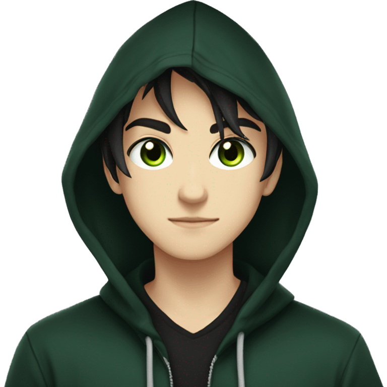 anime boy dark hair dark green eyes in black hoodie  emoji