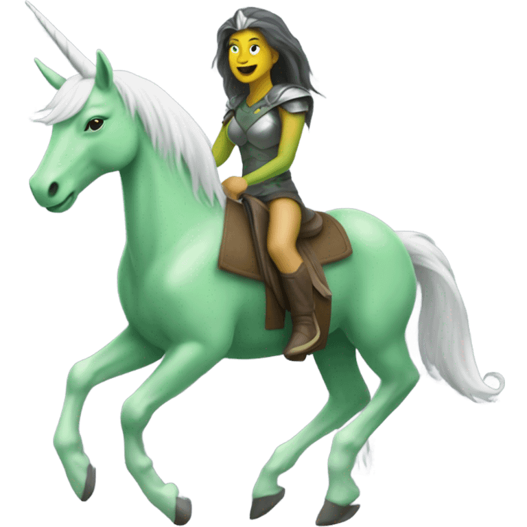 a green amazon alien woman on a grey white unicorn emoji