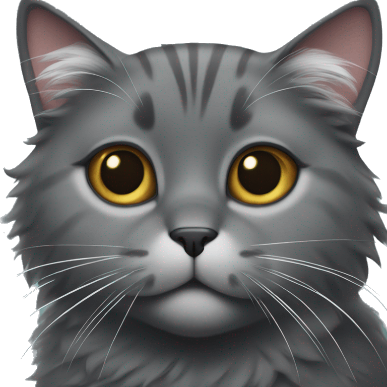 Fluffy dark grey cat with white spot under chin and a grey nose  emoji