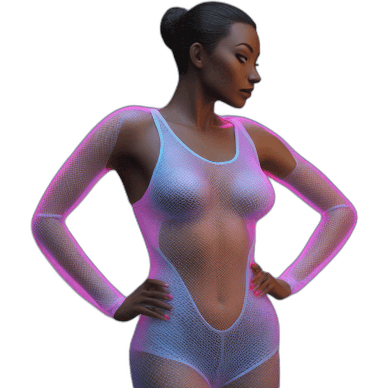 Hyper-realistic neon sculpture showing tall sultry fitness model in mesh bodysuit from behind emoji