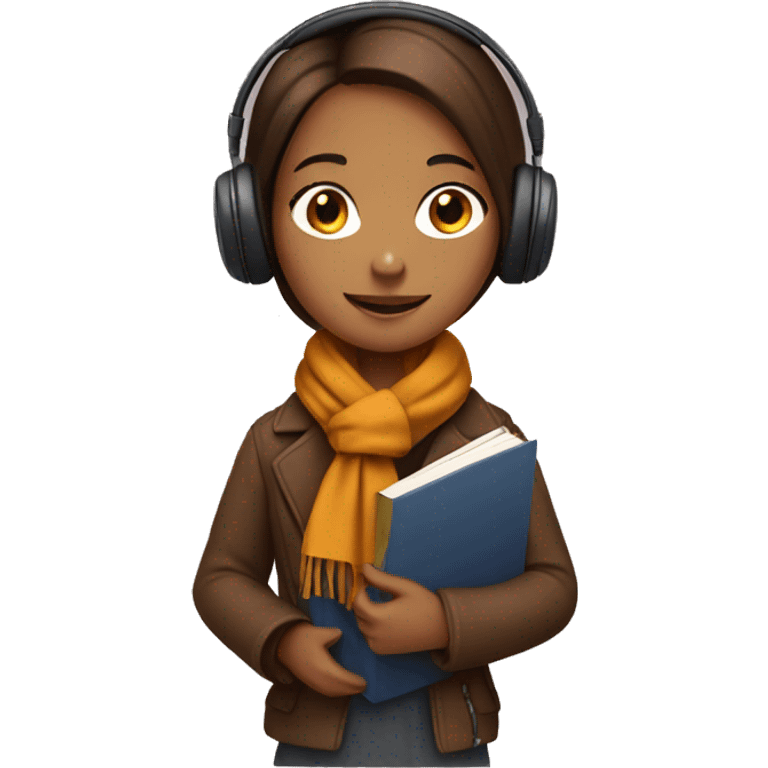 girl with brown scarf and headphones holding a book and wearing autumn clothes  emoji