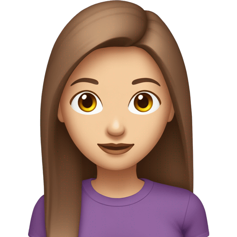 Femme aux cheveux longs châtains lisse avec peau claire avec les yeux verts et marrons avec un t-shirt violet emoji