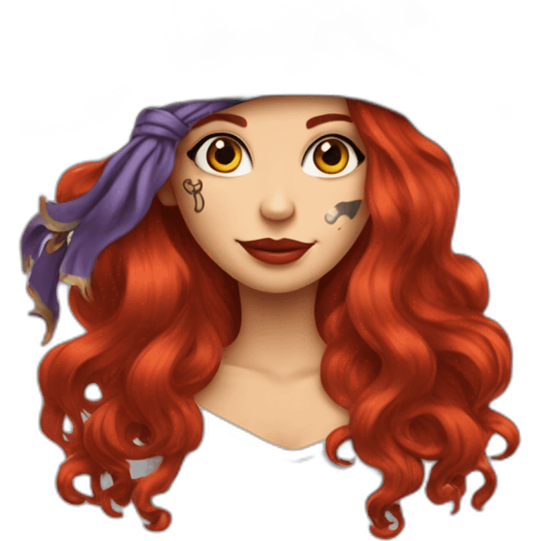 Woman long red hair. Hair hanging to one side only and hairstlye is a single platt, tattoo on side of head.  pirate hat. skull and crossbones t shirt emoji