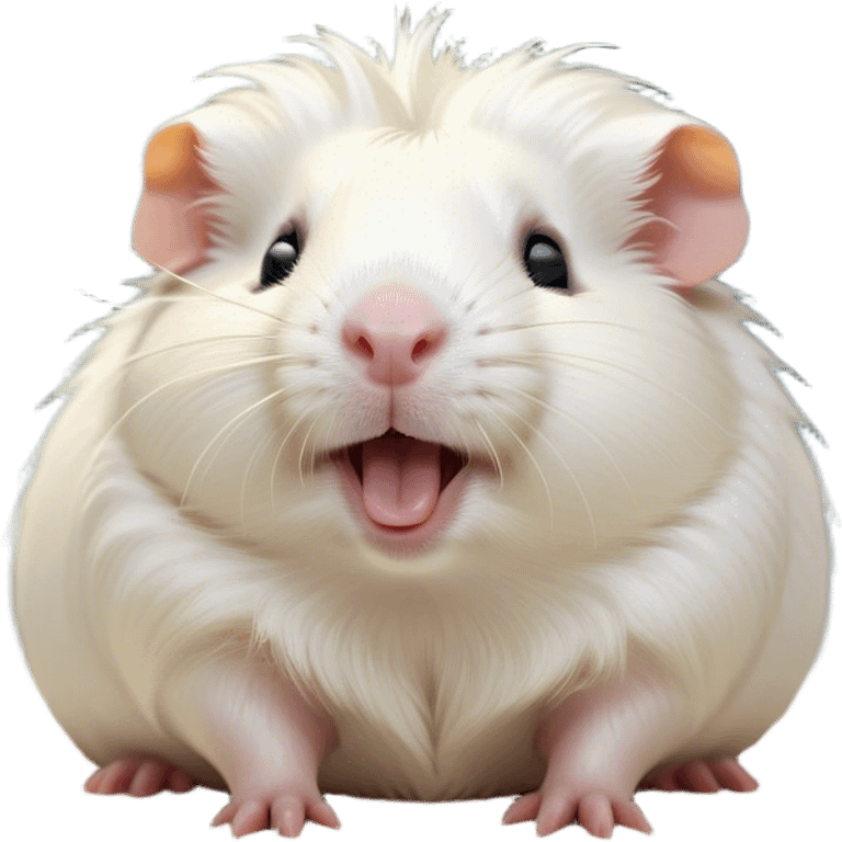 Cinematic Cute Yawning White Guinea Pig Portrait Emoji, Head tilted slightly with a dramatic, wide-open yawn, revealing a soft, downy white fur with tiny drooping ears, round dark eyes barely open in drowsy contentment, Simplified yet irresistibly adorable features, highly detailed, glowing with a soft, cozy glow, high shine, relaxed yet expressive, stylized with a touch of whimsy, bright and endearing, soft glowing outline, capturing the essence of a sleepy yet affectionate guinea pig, so drowsy it feels like it could stretch right out of the screen and curl up for a nap! emoji