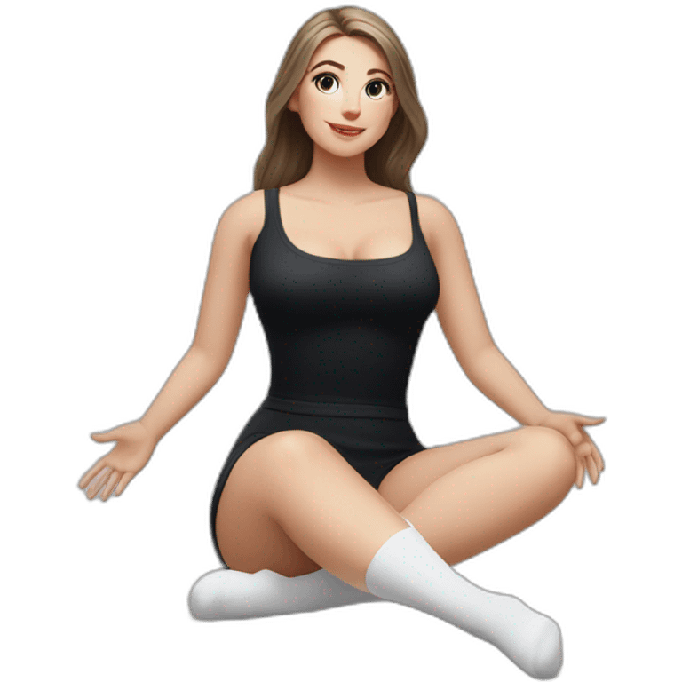 Front view full body curvy caucasian beauty sits on the floor straight hands up black skirt white knickers white socks emoji