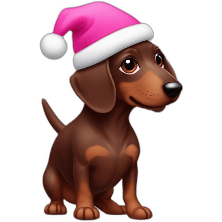 Chocolate sausage dog puppy with pink equafleece and a christmas hat emoji