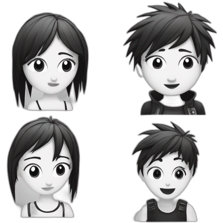 a dog and a girl with black spiky hair looking at each other in style of ((sarah andersen)), black and white emoji