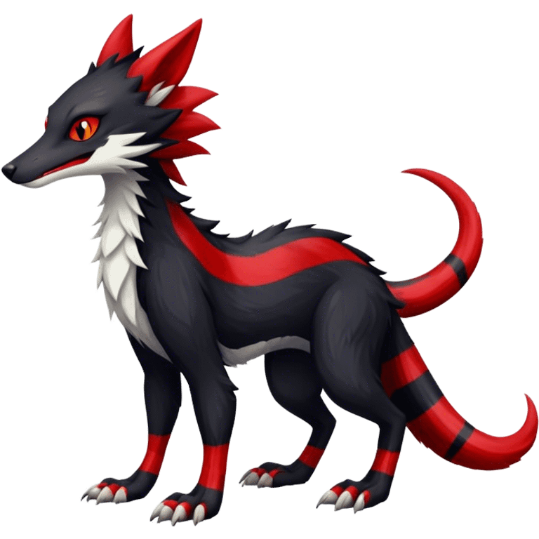 Cool Edgy Vernid-Sergal, Feral, Four Legs, Tail, Black fur, thin Red sharp stripes, Full body, LiLaiRa emoji