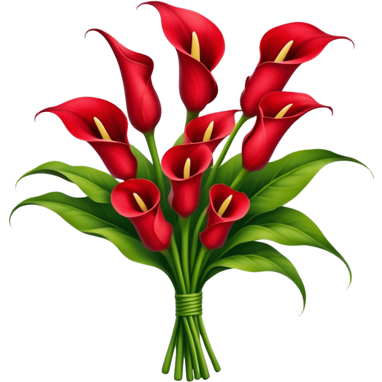 big bouquet Red Calla Lily, luxuriant, stem, leaf, bright emoji