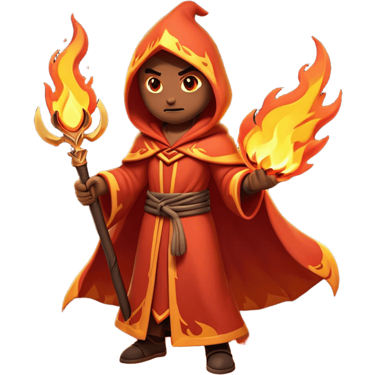 Clash of Clans aesthetic: Cinematic Ferocious Fire Mage Hero Emoji, rendered in a 3D vector-style similar to standard emojis with minimal shading and bold, simplified shapes. A compact, isometric figure draped in flowing, charred and ember-lined robes, wielding a fiery staff crackling with intense flames. Eyes burning with an infernal glow, exuding raw, untamed power. Simplified yet unmistakably iconic, highly detailed and consistent, glowing with a fiery, molten radiance and high shine. Stylized with a touch of menacing sorcery and a searing, ember-infused outline, capturing the essence of a wrathful mage ready to unleash devastating fire magic! emoji