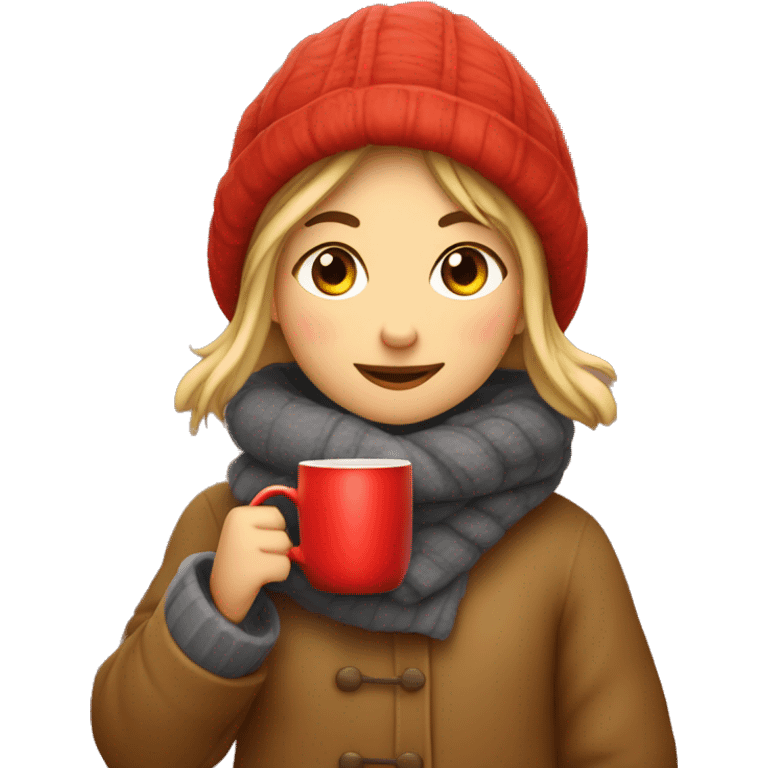 cozy autumn girl bundled up drinking hot apple cider from a red mug on an autumn afternoon  emoji