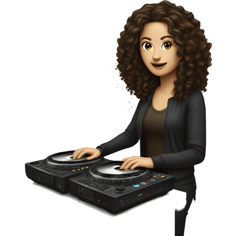 White woman with long dark brown curly hair DJing emoji