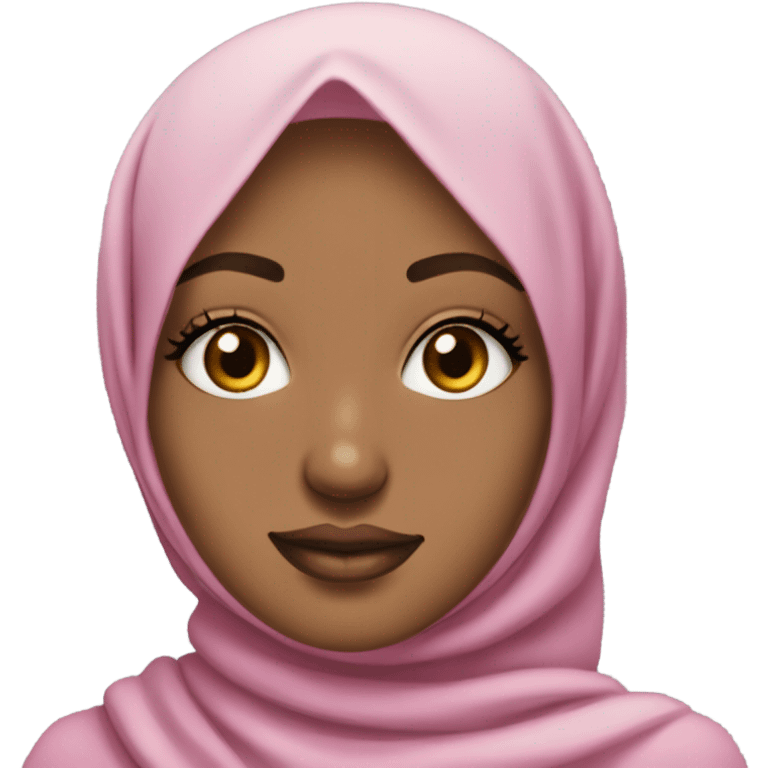 Hijabi girl with coquette aesthetic, wearing pink hijab with bows. She has blue eyes that fade into yellow slightly in the middle. She has long false eyelashes. She has mauve lip color and a gold nose ring on her left nostril. emoji