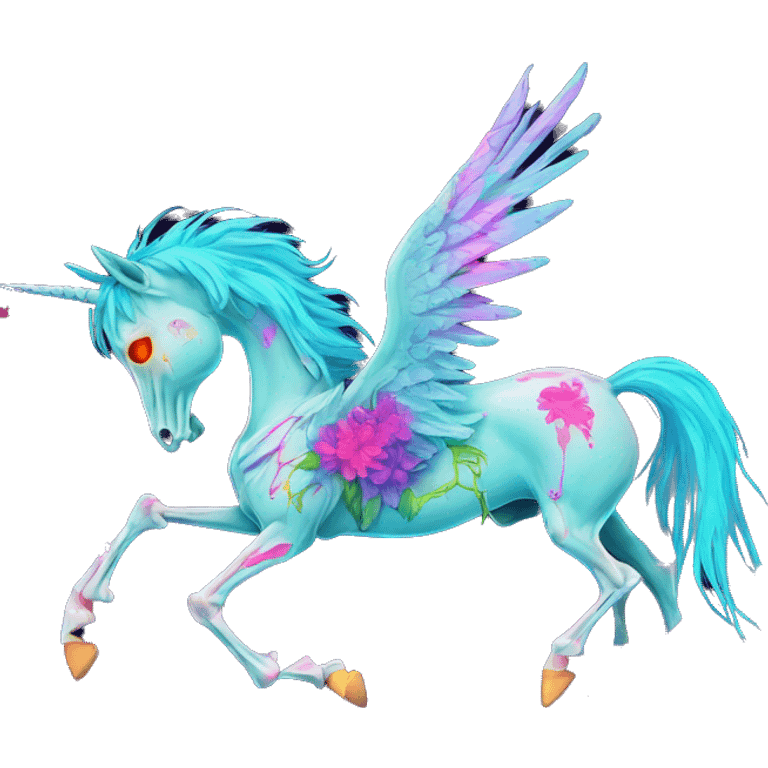 Neon Zombie Pegasus unicorn skeleton psychedelic flowers floral groovy art neon rave raving emoji