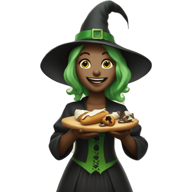 Green happy witch with a cannoli in hand  emoji