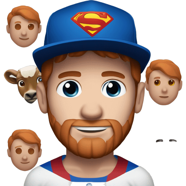 messi with a goat, blue eyes, reddish hair, freckles, redish beard, superman, hat backwards  emoji