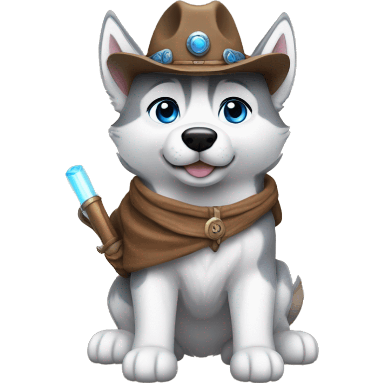 Gray Siberian Husky with blue eyes puppy wearing a cowboy hat dressed in Jedi clothing Holding a Lightsaber with the Paw emoji