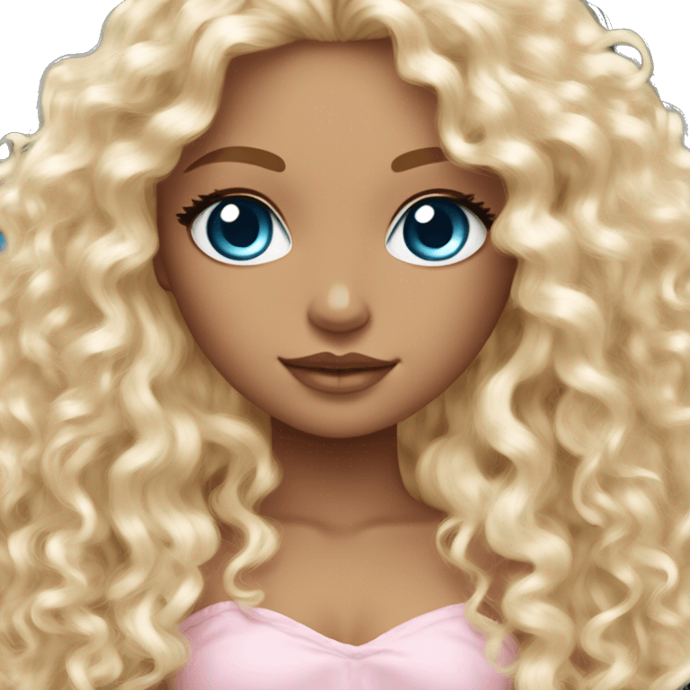 Tan skin, ocean blue doll eyes, blonde curly long hair, feminine, pink, girl, angelic emoji