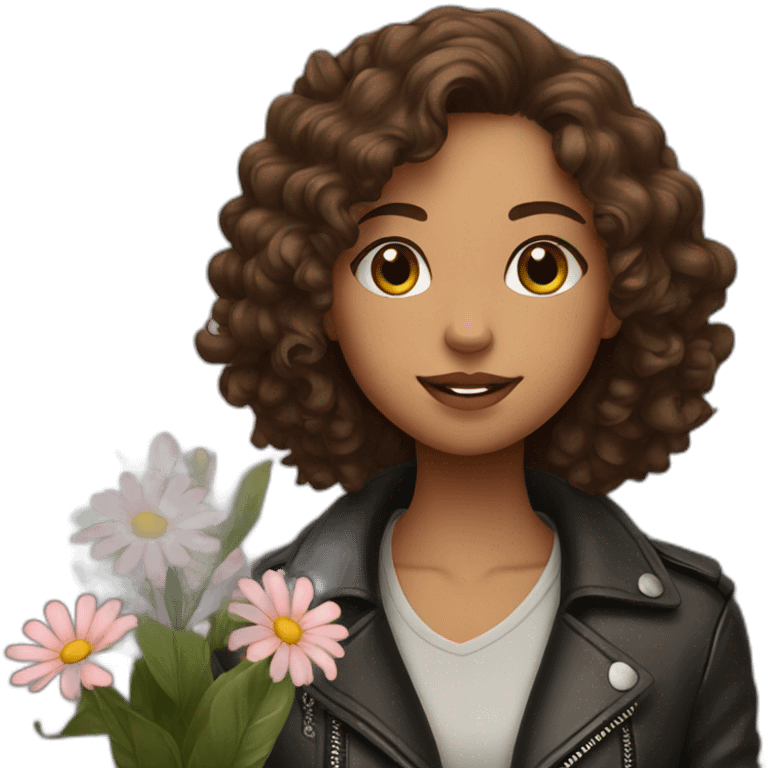 Long brown curly haired girl in leather jacket dreams about flowers  emoji