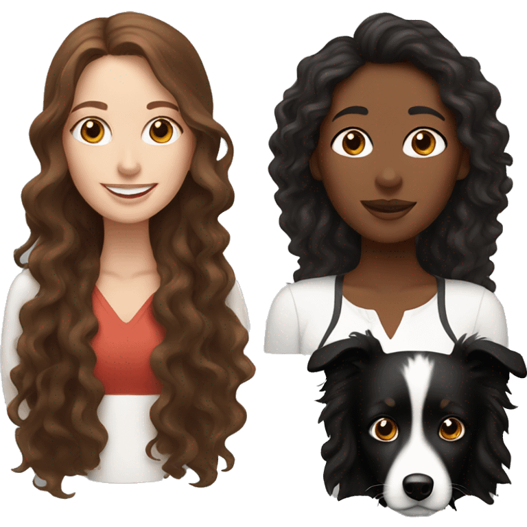 white woman with long brown curly hair holding a black border collie emoji