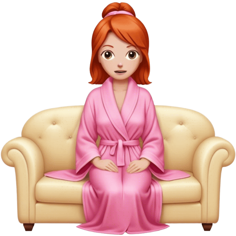 Red head woman wrapped in a pink dressing gown led on a cream sofa emoji