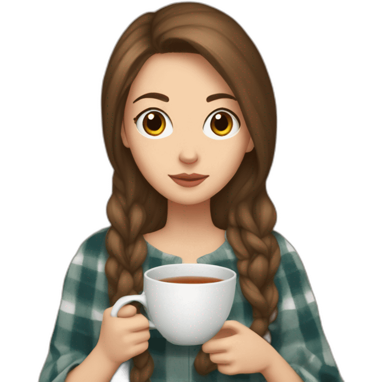 white girl with brown hair drinks tea wrapped in a plaid watching a TV series emoji