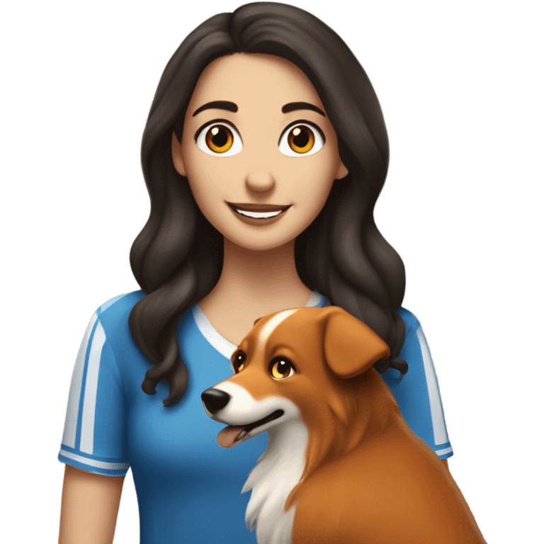 White girl with long wavier dark brown hair celebrating Hanukkah with her fox looking dog emoji