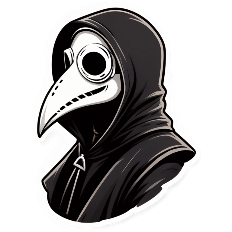 Man wearing a black plague doctor mask in a hood, with head back laughing emoji