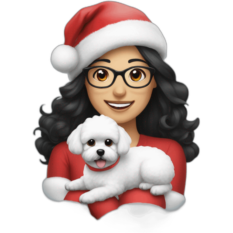 woman-black hair-christmas hat-with glasses-with bichon dog-white-smile emoji