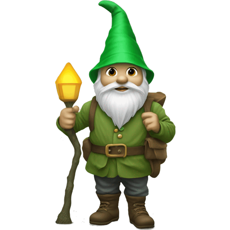 Garden gnome stand with a stick and a latern wearing a green hat emoji