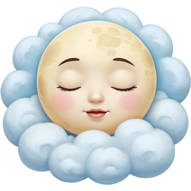 Cinematic adorable moon with a sleepy face, round and chubby, soft glowing light, tiny rosy cheeks, resting on a bed of fluffy clouds, dreamy and peaceful. emoji