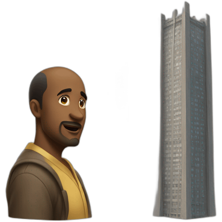 À man fluent into two big towers emoji