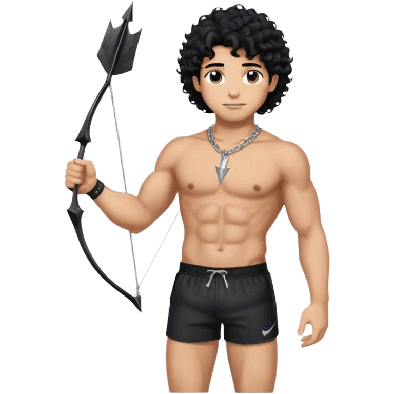 Tan guy with abs and medium-length black curly hair, with a silver chain with an arrow on his neck, standing in black sporty shorts and showing his bicep   emoji