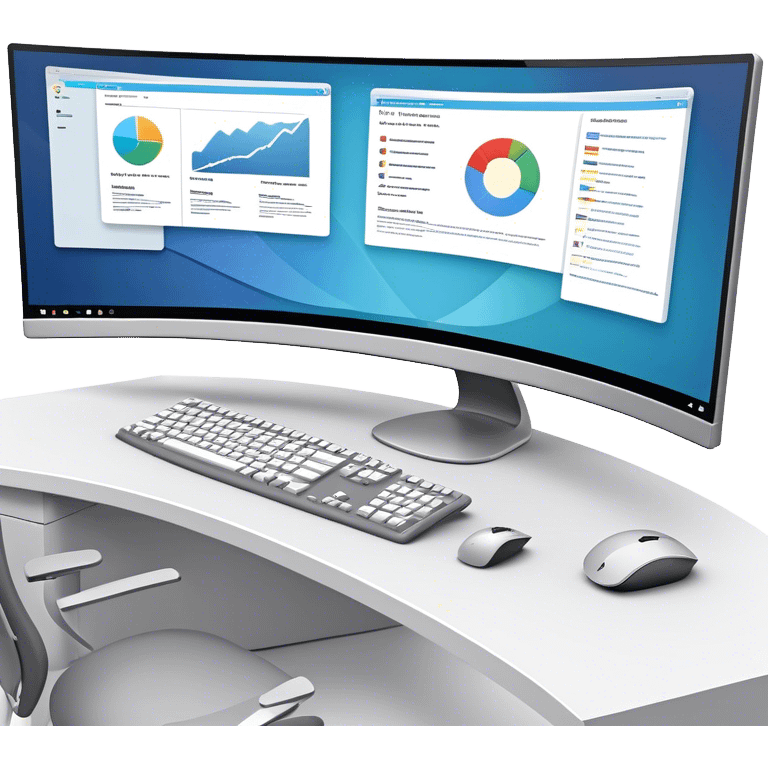 Create an emoji for UX/UI design. Show  large curved monitor displaying windows with UX/UI design HTML program interface. Include a mouse, keyboard, and stylus next to the screens. Use modern, professional colors. Do not include any emojis or smiley faces. Make the background transparent. emoji