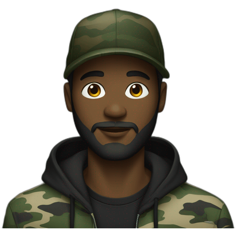 black man with a beard,camo hat, black hoodie emoji