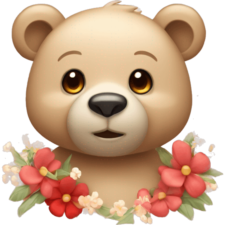 Cute beige bear with red cheeks and flowers and sparkles emoji