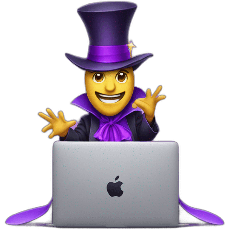 magician with a purple pointy magic hat with a star working on a macbook emoji