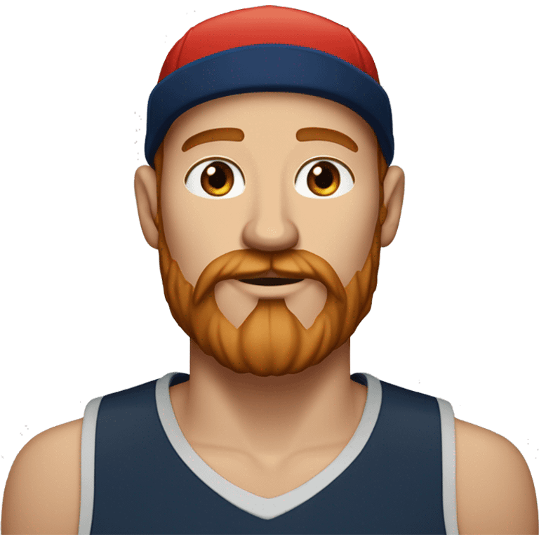 35 years old, male, red hair, black basketball hat, blue eyes, pale complexion, thick beard and thin mustache emoji