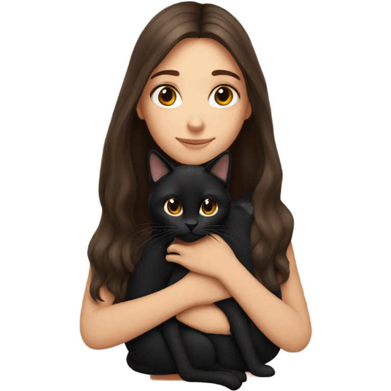 brunette brown girl with long hair snuggling black cat emoji