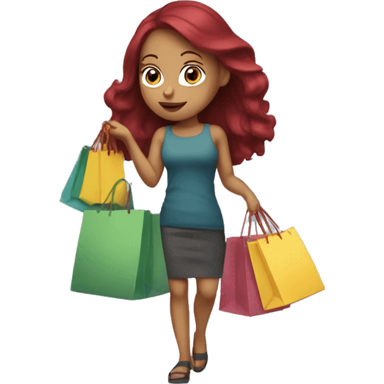 Long Burgundy haired girl, shopaholic, carrying a lot of shopping bags emoji