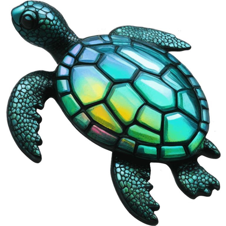 Sparkling Turtle made from kaleidoscopic crystalline rainbow oilslick cyan glass, stained glass art emoji