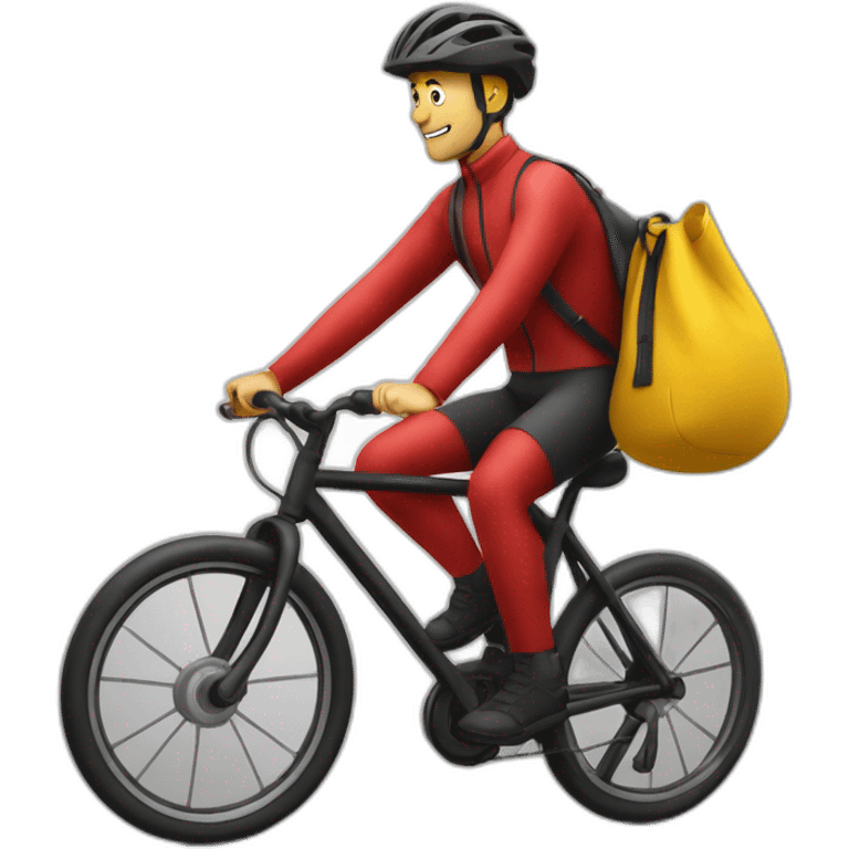 Homme en tenue jaune sur un vélo noir vélo avec un sac rouge carré emoji