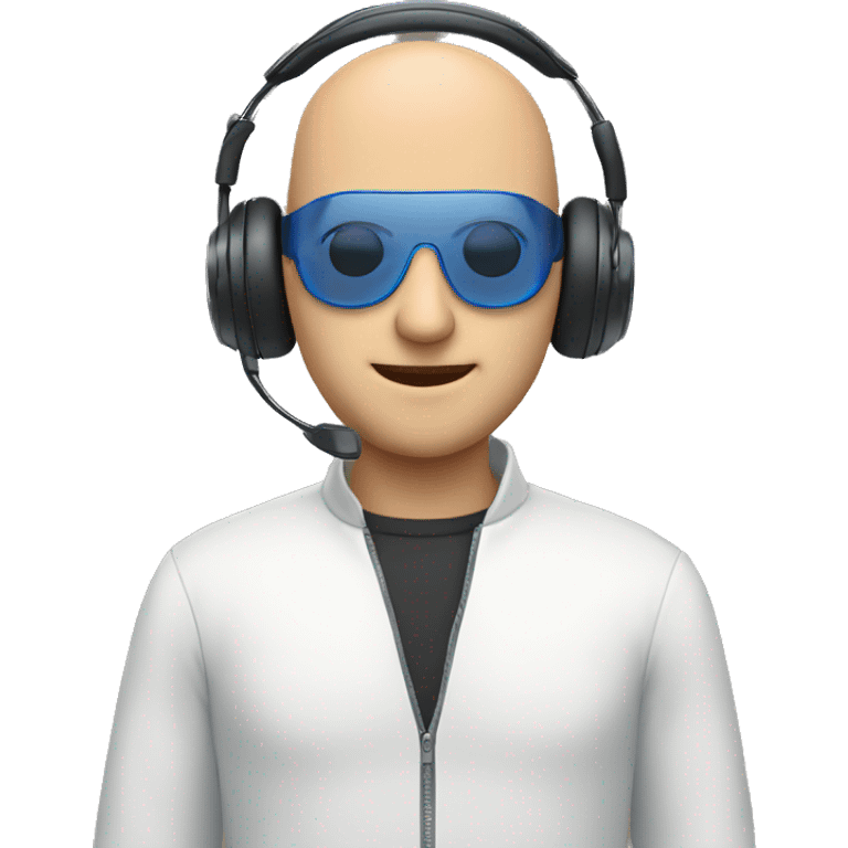 Bald man with a headset and a pc with bue eyes emoji