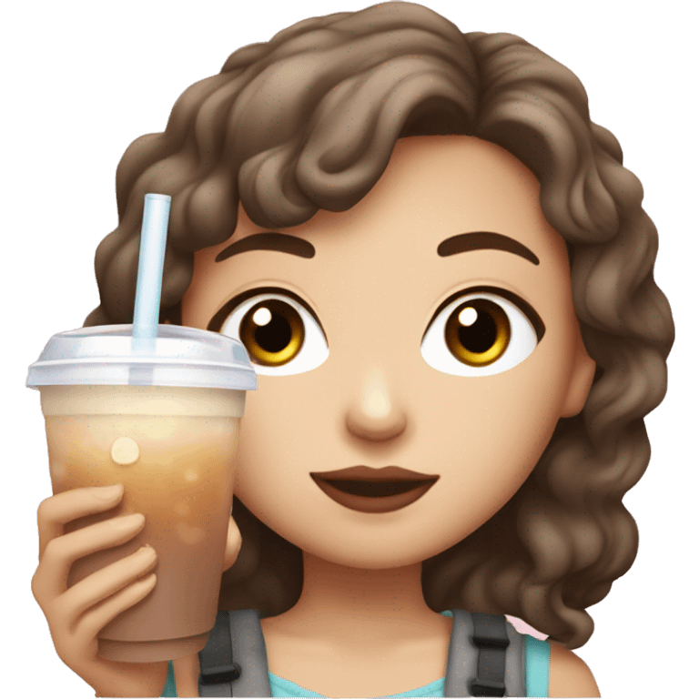 White girl with brown hair and brown eyes drinking bubble tea emoji