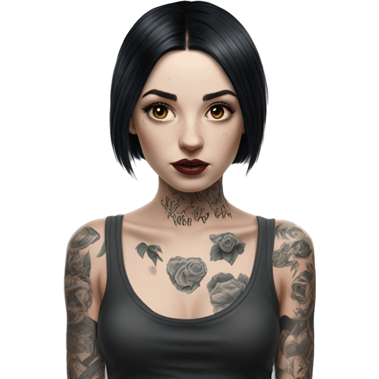 Hyperrealistic Pale girl with black hair arm tattoos emoji