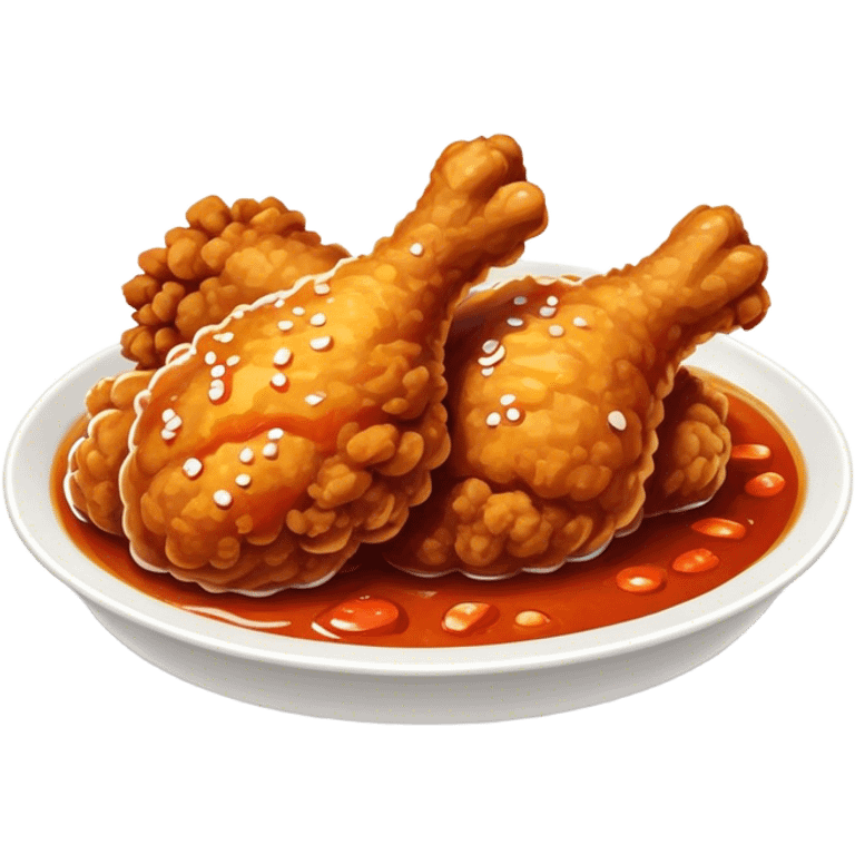 Cinematic Realistic Korean Fried Chicken Dish Emoji, depicted as crispy, golden-fried chicken glazed in a tangy sauce rendered with detailed textures and vibrant, dynamic lighting. emoji