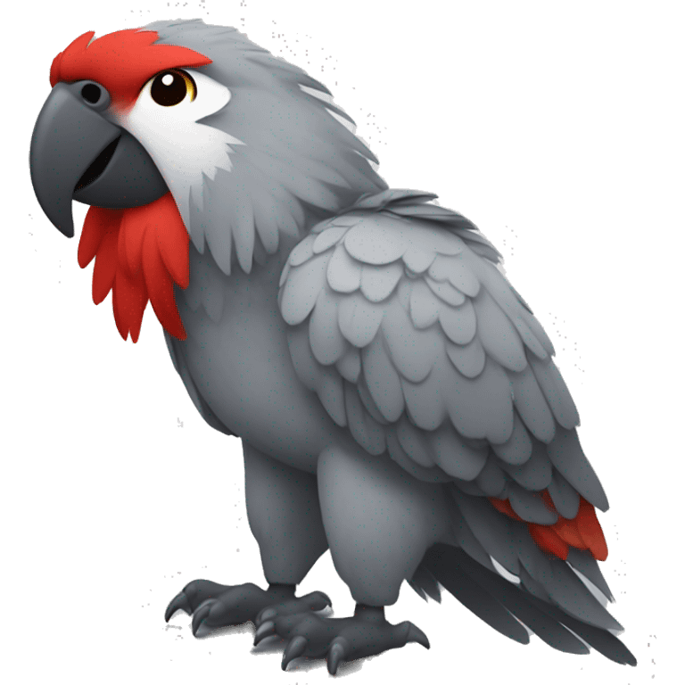 A large parrot. It has gray feathers and a red tail, and its head is white.  emoji