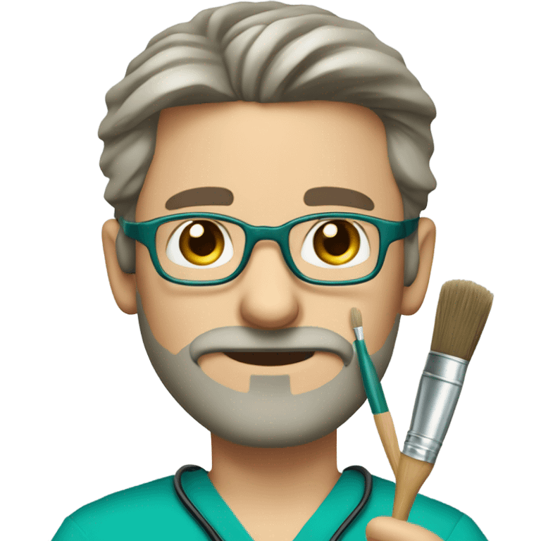 male dark blond with grey beard doctor with hazel eyes and wire-rimmed glasses in teal scrubs holding a paintbrush emoji