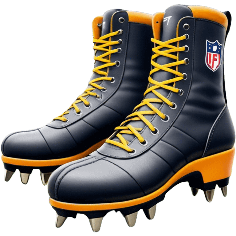 Cinematic Realistic image of a pair of AFL boots, showcasing detailed leather stitching and a rugged sole with fine cleat impressions, captured against a blurred stadium background with high-energy, dynamic lighting emoji